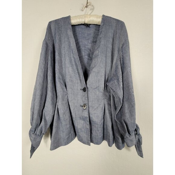 Nic+Zoe Womens Chambray Button-Up Jacket XXL Tie Sleeves V-Neck Linen Blend - Picture 1 of 7